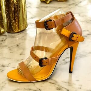 Bottega Veneta Summer Beige Yellow Leather Strappy Sandals Heels Size 39 8.5